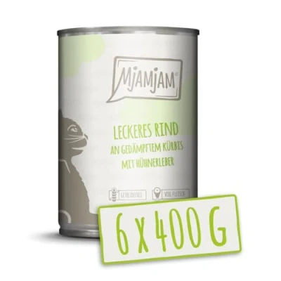 Abbildung von MjAMjAM Premium Nassfutter für Katzen leckeres Rind an gedämpftem Kürbis, 6er Pack (6 x 400 g), getreidefrei mit extra viel Fleisch
