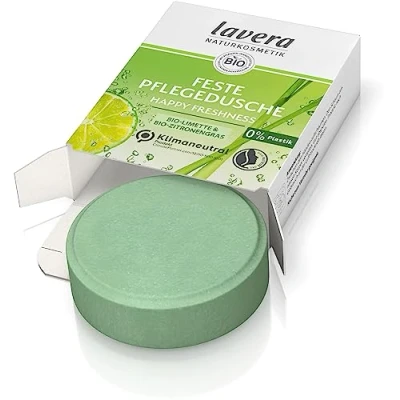 Abbildung von lavera Feste Pflegedusche Happy Freshness mit Bio Limette und Zitronengras reinigt die Haut sanft, ohne sie auszutrocknen 3x ergiebiger als flüssiges Duschgel Naturkosmetik 1 Stk / 50g