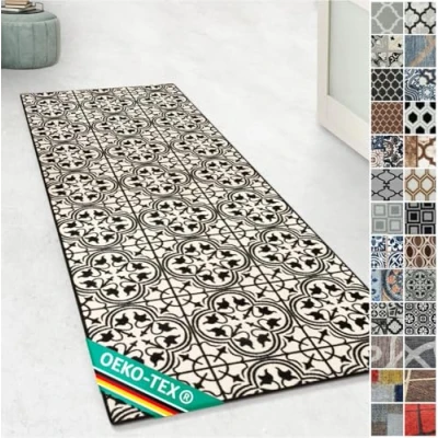 Abbildung von Floordirekt Teppichläufer mit Muster maßgefertigter Feinschlingen Teppich Läufer für Küche, Flur &amp; Wohnraum Ornament Vintage Orient Gitter (80 x 300 cm, Galway)