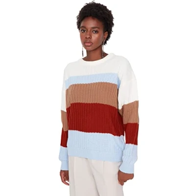 Abbildung von Trendyol Damen Oversize Pullover mit Rundhalsausschnitt und Colorblock Sweatshirt, Natur, 38