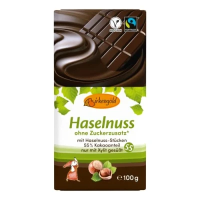 Abbildung von Birkengold Haselnuss Schokolade 100 g ohne Zuckerzusatz 55 % Kakaoanteil nur mit europäischem Xylit gesüßt fairtrade vegan