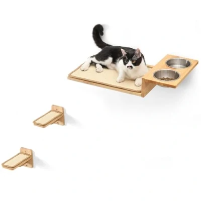 Abbildung von FUKUMARU Kletterwand Katzen Set, 2 Katzentreppe aus Massives Gummiholz, Katzenwand mit Katzenfutterstation Edelstahl, Wandregale Sisalmatte, ideal zum Spielen, Schlafen und Fressen