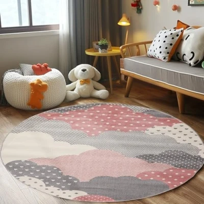 Abbildung von Kinderteppich Kinderzimmer Wolke Design Kinder Teppich Babyzimmer Weicher Flor, Farbe: Pink, Größe: 120 cm Rund