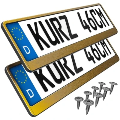 Abbildung von L &amp; P Car Design Kennzeichenhalter für Auto 46 cm in Gold Chrom gebürstet kurze Kennzeichen, (2 Stück)