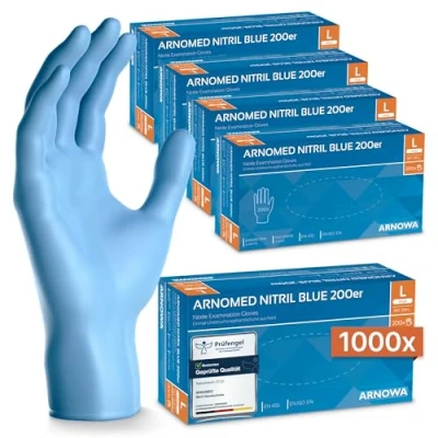 Abbildung von 1000x ARNOMED Einweghandschuhe Blau, Einmalhandschuhe M, Nitrilhandschuhe (5x200 Stk), Handschuhe Einweg puderfrei, Gummihandschuhe Einweg, Nitril, in S, L &amp; XL