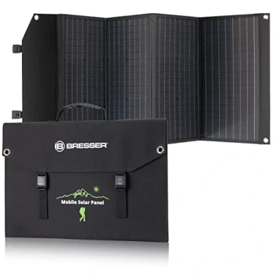 Abbildung von Bresser Solar Ladegerät 120W mit 1x DC und 3x USB A Anschlüssen inkl. Buchse QC3.0 zur Schnellladung, Panel als für Smartphones, Power Stations etc.