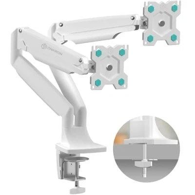 Abbildung von ONKRON Dual Monitor Halterung für 13 32 Zoll Bildschirme bis zu 9 kg (x2) Doppel Monitorhalterung Tisch 75x75 &amp; 100x100 VESA Tischhalterung Arm schwenkbar neigbar drehbar Weiß G200 W