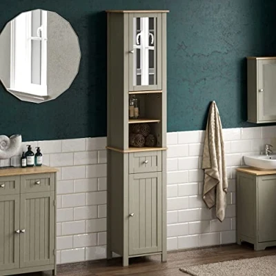 Abbildung von Bath Vida Priano Hoher Badezimmerschrank mit Spiegel, Aufbewahrungsschrank, bodenstehender Hochschrank, Grau