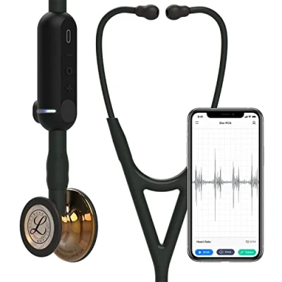 Abbildung von 3M Littmann CORE Digital Stethoskop, hochglanzpoliertes, kupferfarbenes Bruststück, schwarzer Schlauch, Schauchanschluss und Ohrbügel, 69 cm, 8863