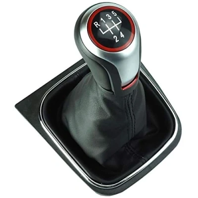 Abbildung von Do!LED Schaltknauf Schaltsack Schaltmanschette Rahmen 5 Gang Silber Roter Ring schwarze Naht