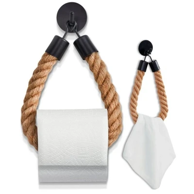 Abbildung von HENNEZ Toilettenpapierhalter ohne Bohren Naturjute Seil stylish, mattschwarz, Klorollenhalter Klopapierhalter WC Rollenhalter
