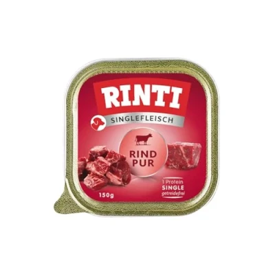 Abbildung von Rinti Singlefleisch Nassfutter für Sensible, ausgewachsene Hunde mit 100% Rindfleisch. Alleinfutter in Schälchen ohne Getreide, Kohlenhydrate und künstliche Zusätze 10x150g Rind Pur