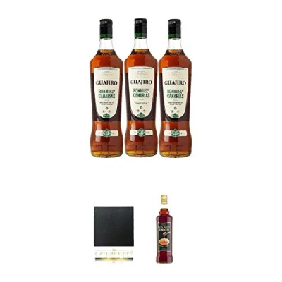 Abbildung von Ron Miel GUAJIRO 30% 3 x 1,0 Liter Sparpaket + Schiefer Glasuntersetzer eckig ca. 9,5 cm Durchmesser Tobacco Honey Rumlikör
