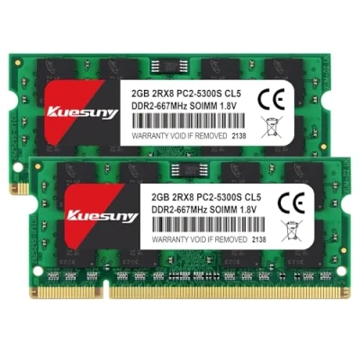 Abbildung von Kuesuny 4 GB Kit (2 x 2 GB) DDR2 667 MHz Sodimm Ram PC2 5300 5300S 1,8 V CL5 200 Pin 2RX8 Upgrade der Nicht gepufferten Notebook Laptop Speichermodule ohne ECC