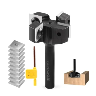 Abbildung von Trvoxviq Planfräser 8mm schaft 4 Flöten mit 10 austauschbaren Hartmetallmessern(12x12x1.5mm), Durchmesser 40 mm, CNC Plattenfräser Reinigung Fräser für Oberfräse Holzbearbeitung(D=40 S=8)