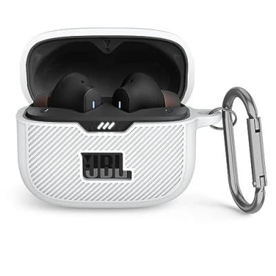 Abbildung von MOWYEOK Silikon Hülle kompatibel mit JBL Tune 230NC TWS, Tragbare Kratz und stoßfeste Silikonhülle, Front LED sichtbar, für Gehäusezubehör, Karabiner Weiss