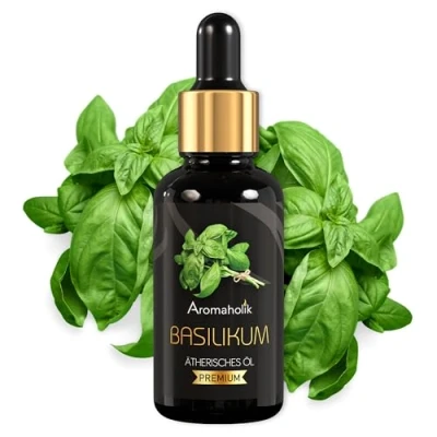 Abbildung von Aromaholik Basilikumöl BIO 100% naturrein Ätherische Öle für Diffuser &amp; Aroma Zertifiziertes ätherisches Öl aus Indien Basil Essential Oils 30ml Sauna Massage