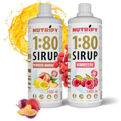 Abbildung von NUTRIFY Vital Fitness Drink 1:80 Sirup 2x1 L Set Pfirsich Maracuja &amp; Himbeere, Getränkekonzentrat mit Vitaminen Carnitin zuckerfrei 160 Liter Sportgetränk kalorienarm 2er Pack, 2x 1000 ml
