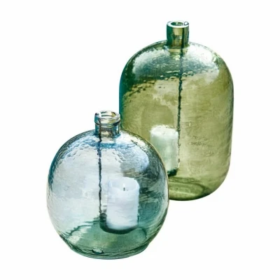 Abbildung von Loberon Windlicht 2er Set Michel, Verschiedene Formen und Farben, offener Boden, bauchiges Design, Outdoor Windlicht, Glas, Eisen, grün/blau