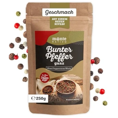 Abbildung von Pfefferkörner bunt ganz Monte Nativo (250g) Bunter Pfeffer ideal zum Kochen für Mühle Mix aus schwarzer Pfeffer, weißer, rosa und grüner