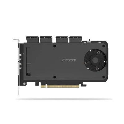 Abbildung von ICY DOCK 4 Bay M.2 NVMe SSD zu PCIe 4.0 x16 Wechselrahmen Gehäuse/Adapterkarte für Erweiterungsslot (PCIe Bifurcation nötig) ExpressSlot Slide MB204MP 1B