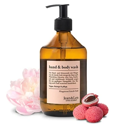 Abbildung von Jean &amp; Len Hand Body Wash Pfingstrose Litschi, reinigt und pflegt die Haut beim Waschen, blumig zarter Duft, Duschgel Seife, ohne Parabene, Silikone Mikroplastik, vegan, Glasflasche 500 ml