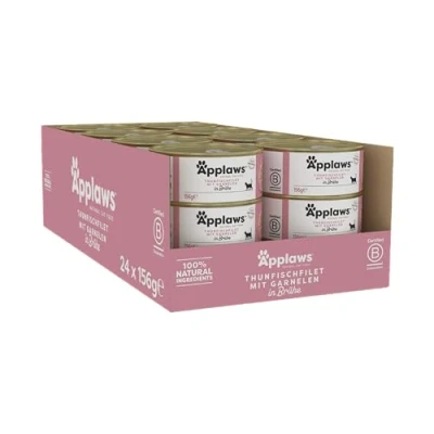 Abbildung von Applaws 100% natürliches Premium Nassfutter für Katzen, Thunfischfilet mit Garnele in Brühe Packung 24 x 156g Dosen