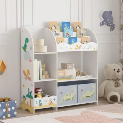 Abbildung von [en.casa] Kinderregal Lysekil Bücherregal für Kinder mit 2 Aufbewahrungsboxen Spielzeugregal 100 x 93 30 cm Spielzeug Aufbewahrung Dinosaurier Motiv