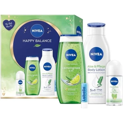 Abbildung von Nivea Feuchtigkeitspflege Set Happy Balance Geschenkset 4 tlg. weiches Hautgefühl, 24h Feuchtigkeit Set, 1 tlg., Pflegedusche, Lippenpflege, Body Lotion, Deo Roll On