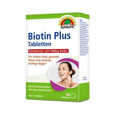 Abbildung von SUNLIFE SUNLIFE® Biotin Plus 60 Tabletten hochdosiert für Haut Haare Nägel 1 x täglich eine Tablette mit ausreichend Flüssigkeit schlucken