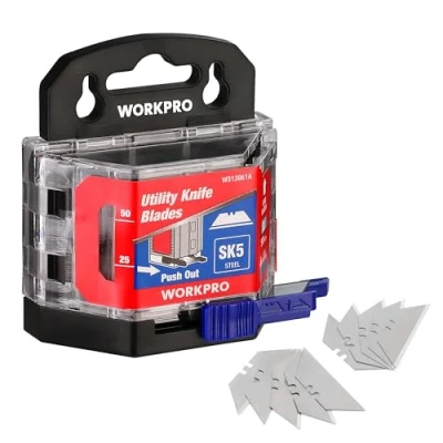 Abbildung von WORKPRO 50tlg. Trapezklingen Set, SK5 Scharfe Klingen Edelstahl im Spender, 0.6MM Klingenstärke, Ersatzklingen für Klappmesser Teppichmesser