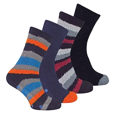 Abbildung von Sock Snob 4er Pack Herren Kuschelsocken mit Noppen Warme Rutschfest Stoppersocken Antirutsch Flauschige Bettsocken (39 45, Schwarz/Orange Streifen)