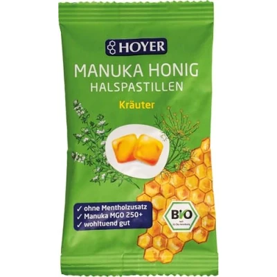 Abbildung von HOYER Manuka Honig Halspastillen Kräuter Bio ohne Mentholzusatz Mit echtem Manukahonig, MGO 250+ Wohltuend für Hals &amp; Rachen 30 g