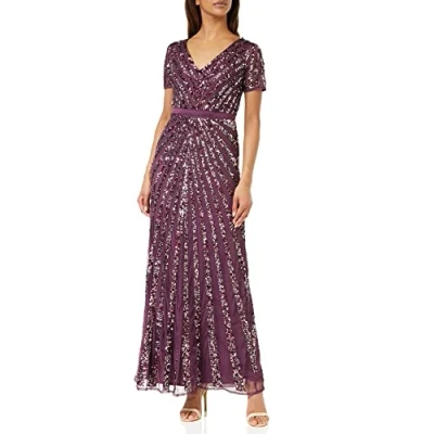 Abbildung von Maya Deluxe Damen Maxi Womens Ladies Embellished Sequin Dress Long Short Sleeve V Neck High Empire Waist A Cut Shiny Prom Wedding Brautjungfernkleid, Berry,