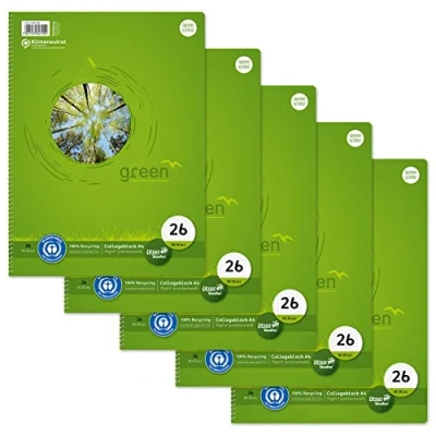 Abbildung von Staufen Green Collegeblock DIN A4, Lineatur 26 (5mm kariert mit Rand), 80 Blatt, 4 fach Lochung, premiumweißes 70g/m² Recyclingpapier, 5 Stück