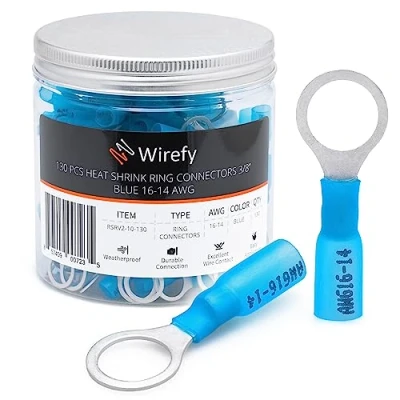 Abbildung von Wirefy Blaue Ringkabelschuhe Schrumpfverbinder M10 Lötfreie Kabelschuhe Sortiment Ringkabelschuh Quetschverbinder 1,5 2,5 mm² 130 Stück