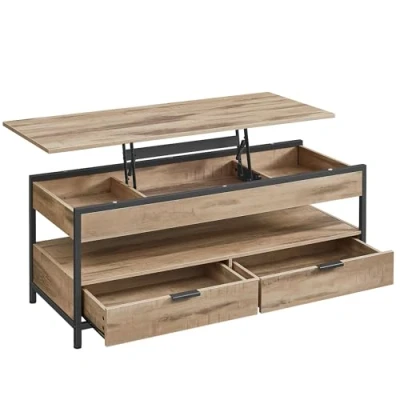 Abbildung von VASAGLE Couchtisch, höhenverstellbarer Wohnzimmertisch, Kaffeetisch, mit Schubladen, offenes Fach, 50 x 120 cm, Kamelbraun tintenschwarz LCT252K02