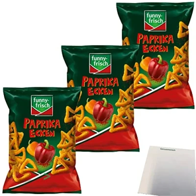 Abbildung von Funny Frisch Paprika Ecken Knabbergebäck pikant würzige Knabberei 3er Pack (3x75g Tüte) + usy Block