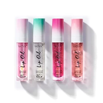 Abbildung von Technic Lippenöl Bundle 4 aromatisierte, nicht klebende, feuchtigkeitsspendende Lippenöle mit einem hochglänzenden Finish gemischte Aromen im Multipack Erdbeere, Minze, Kirsche, Orange
