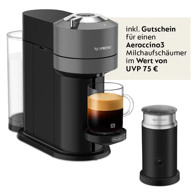 Abbildung von Nespresso Kapselmaschine &quot;Vertuo Next ENV 120.GY von DeLonghi, Dark Grey&quot;, inkl. Aeroccino Milchaufschäumer im Wert UVP 75,