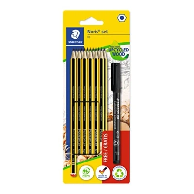 Abbildung von STAEDTLER Bleistift Set Noris, Made from Upcycled Wood, 12 Bleistifte Härtegrad HB, permanenter Universalmarker Lumocolor schwarz, 120 BK12P3