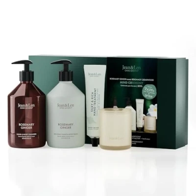 Abbildung von Jean &amp; Len Mind Ceremony, hochwertige Geschenkbox mit 4 hochwertigen Produkten, Produkte für Körper und Geist, Verpackung ist FSC zertifiziert, veganes Geschenkset