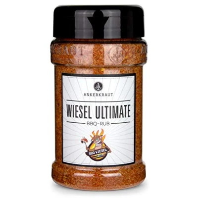 Abbildung von Ankerkraut Wiesel Ultimate, leicht scharfe BBQ Rub Gewürzmischung zum Grillen, 260g im Streuer