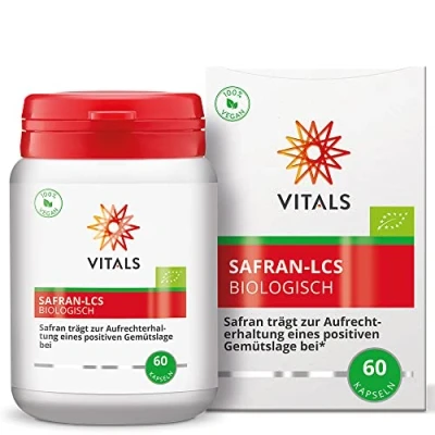 Abbildung von Vitals Safran LCS Biologisch 60 Kapseln. Enthält Lepticrosalides, Safranal und Crocin. Extrakt aus 100% echtem Safran, patentiert extrahiert.