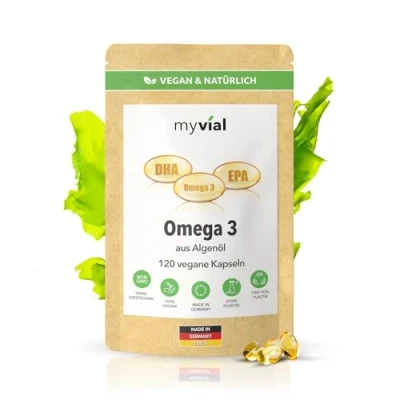 Abbildung von Omega 3 Vegan aus Algenöl 120 Kapseln, hochdosiert mit 600 mg EPA &amp; DHA pro Tagesdosis (Triglycerid Form) Ideal für Veganer, laborgeprüft, nachhaltig produziert in Deutschland