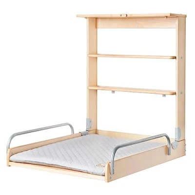 Abbildung von roba Wandwickelregal + Wickelauflage Style grau Klappbar &amp; platzsparendes Wickelregal zur Wandmontage Wickeltisch mit 2 Ablagefächer Holz natur