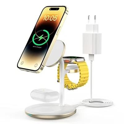 Abbildung von 3 in 1 Induktive Ladestation für mehrere Geräte,15W Kabellos Ladestation,Wireless Charger Kompatibel mit Mag Safe Ladegerät iPhone 15 14 13 12 Pro Max/Plus/Pro,iWatch Ultra/8/7/SE/6,AirPods