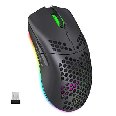 Abbildung von Drahtlose Gaming Maus, 2,4G Superleichte Wabenschale Ergonomische RGB Mäuse mit 750mAh Akku, Energiesparendes Design, 6 Tasten und Mini USB Empfänger für Windows, Mac OS, Laptop, Smart TV(Schwarz)