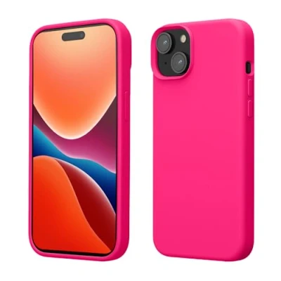 Abbildung von kwmobile Hülle für das iPhone 15 Silikon Handy Case stoßfeste Handyhülle mit weicher Oberfläche Neon Pink