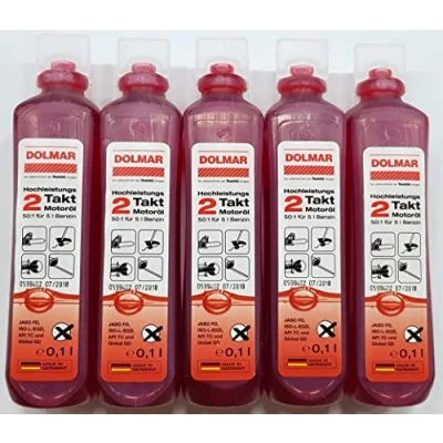 Abbildung von 5 x 100 ml Motoröl für 2 Takt Motoren 50:1 = 100ml Liter Benzin